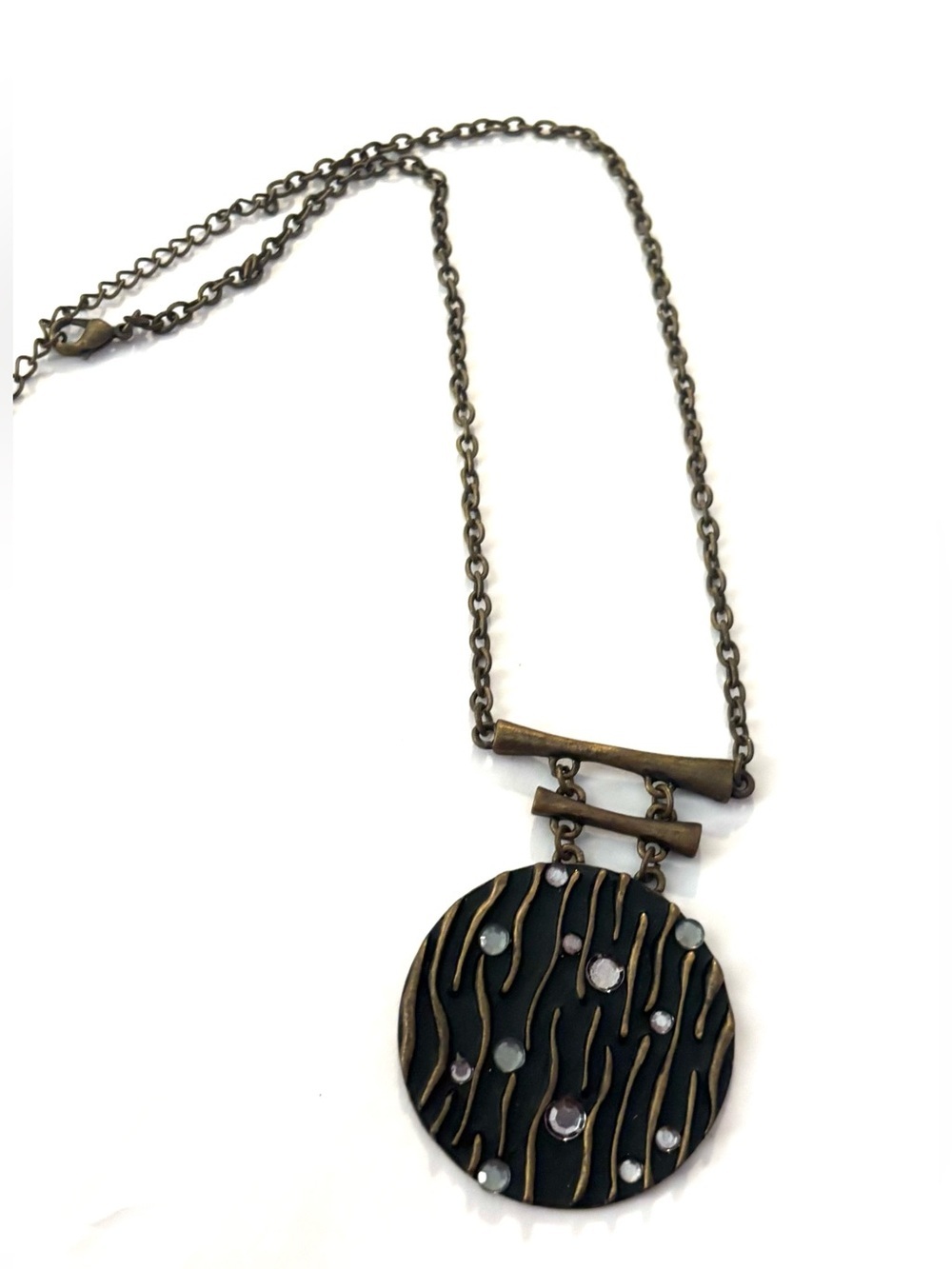 Vintage Bronze-Tone Black Round Pendant Necklace with Crystal Accents